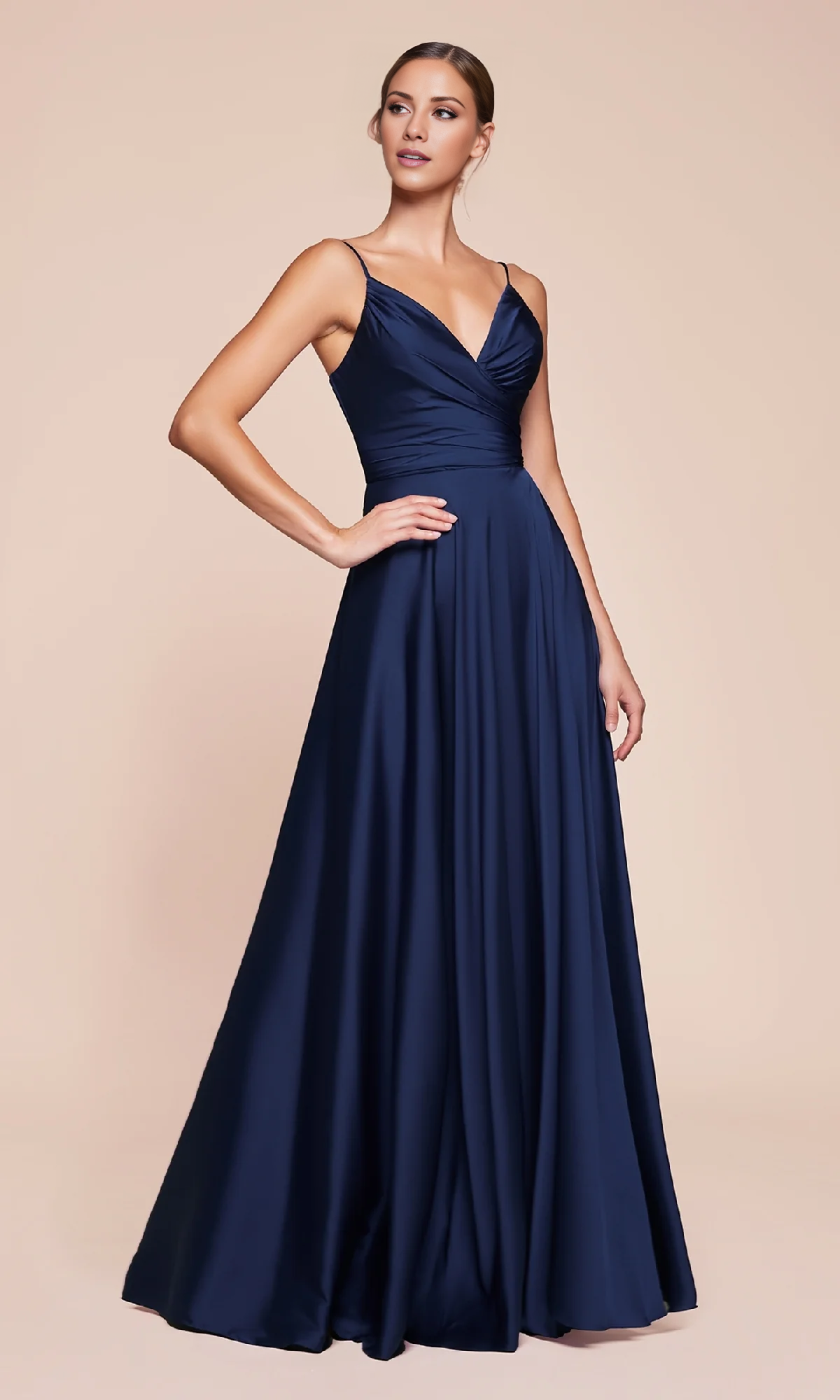 Vestido de fiesta Jimiss de corte A, escote en V, tirantes finos, corsé ajustado con abertura lateral y largo hasta el suelo 