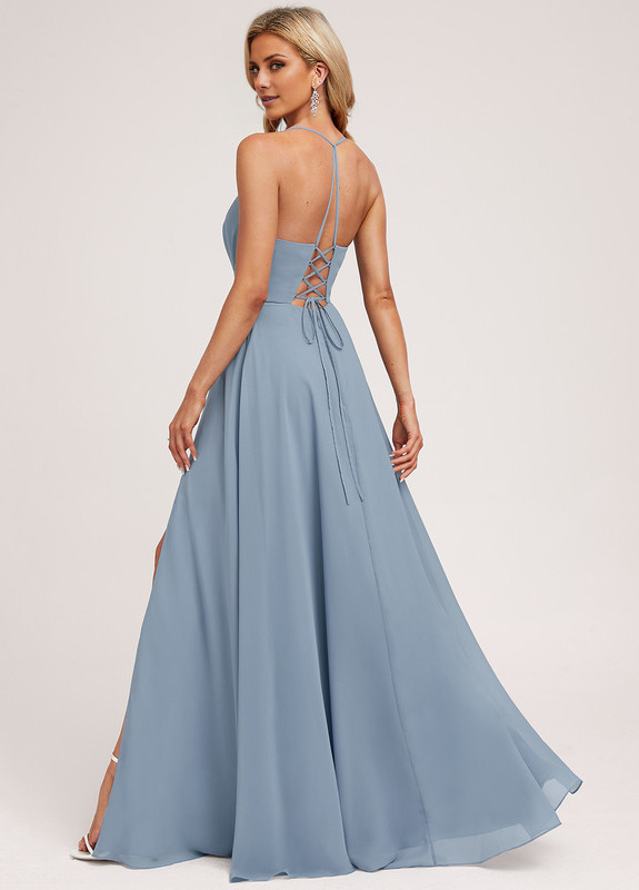 Dusty Blue Chiffon A-Line V-Neck Floor-Length Dress with Pleated bodice + High slit