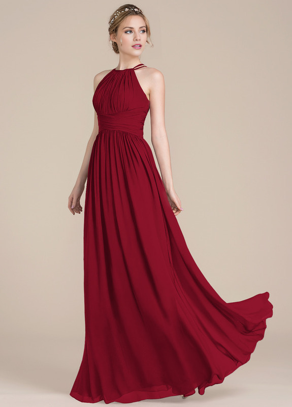 Vestido de dama de honor de gasa con escote redondo y corte A con diseño de hojas de loto