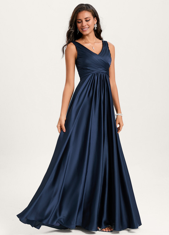 Vestido de dama de honor de satén con volantes, escote en V y largo hasta el suelo