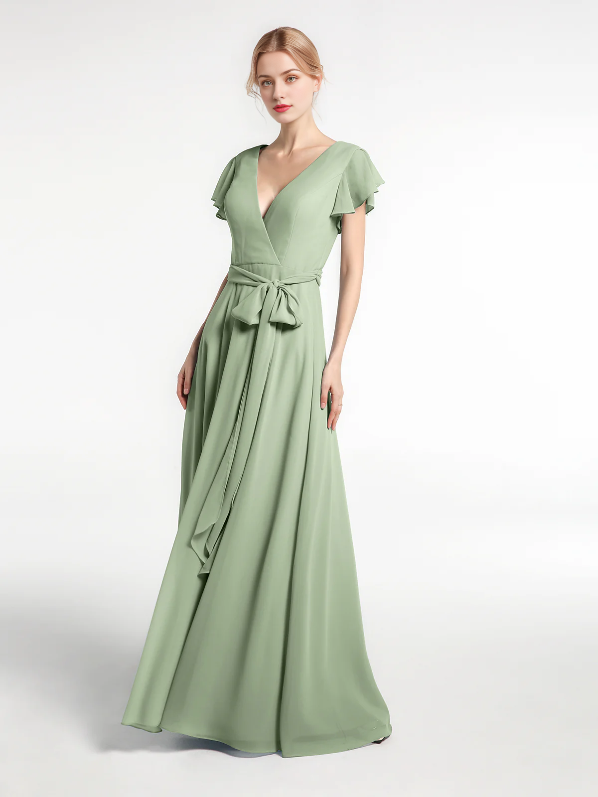 Vestido de gasa con cuello en V, capucha, mangas y lazo