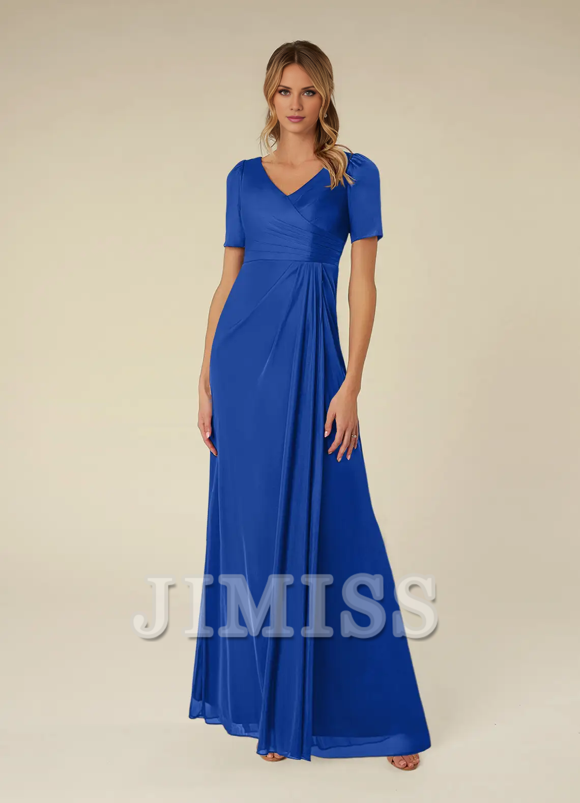 Abito da madre della sposa lungo fino al pavimento, a maniche corte, in rete plissettata, a trapezio