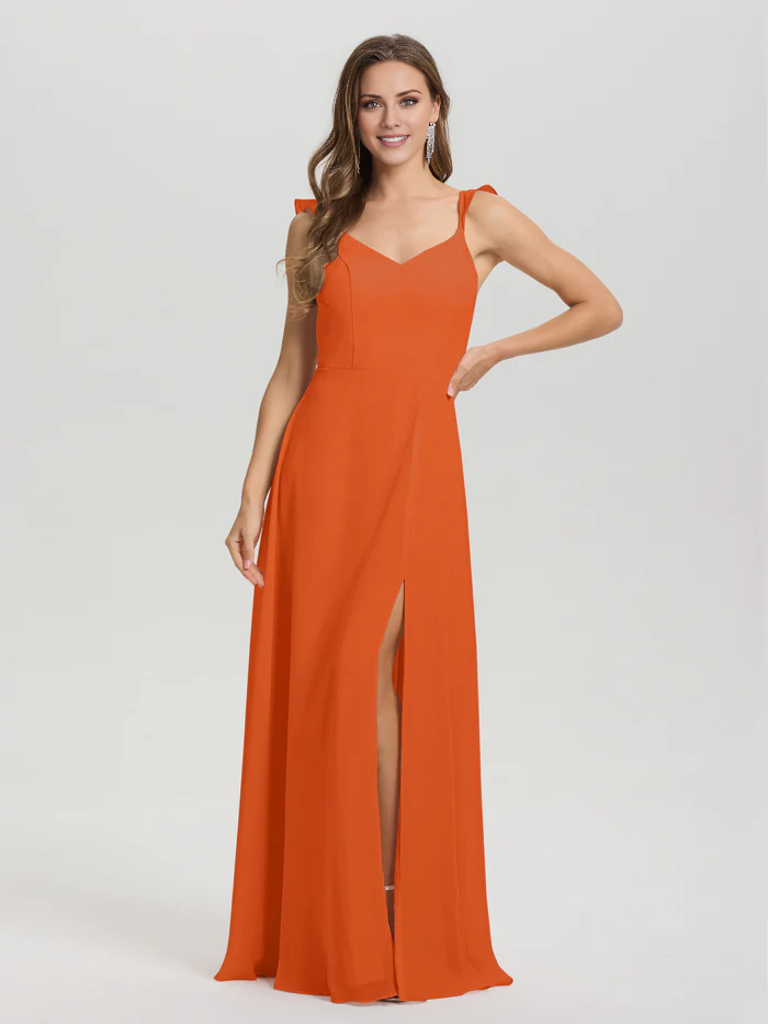 Vestido de dama de honor largo hasta el suelo con abertura en gasa con escote en V y tirantes anudados