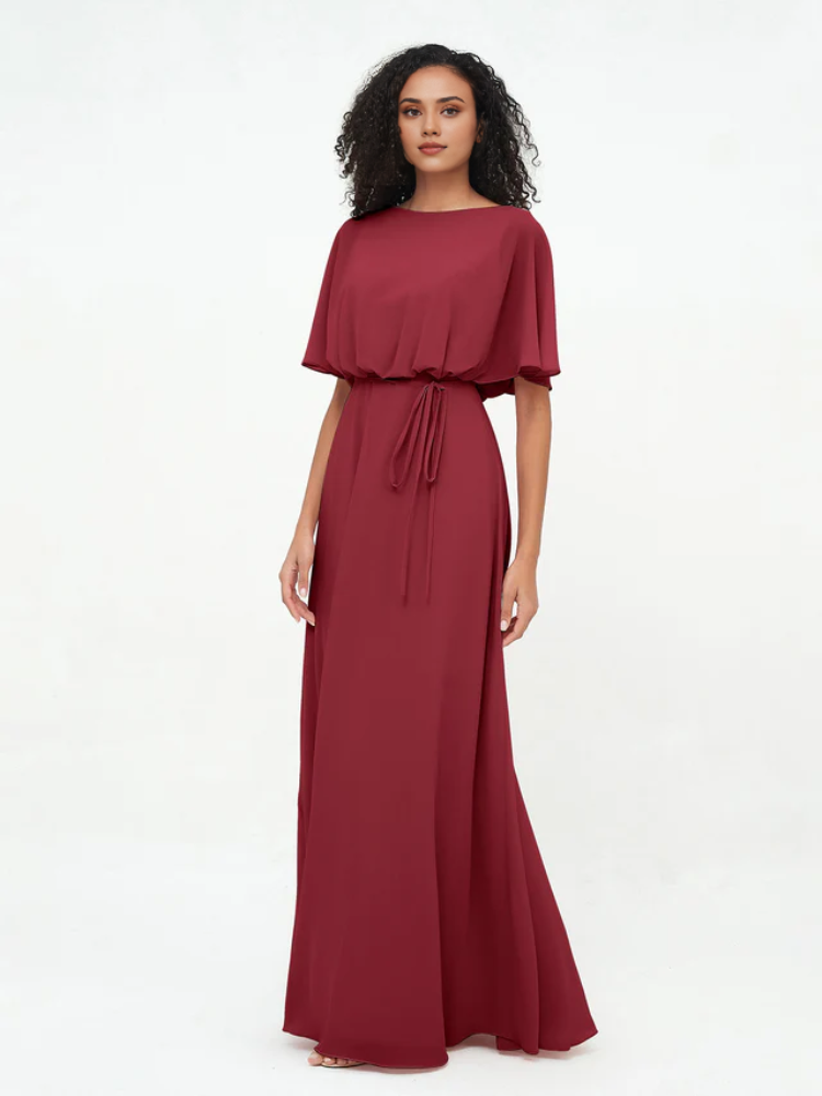 Olive Green Chiffon A-Line Floor-Length Bridesmaid Dress with Draped Bodice & Drawstring Waist