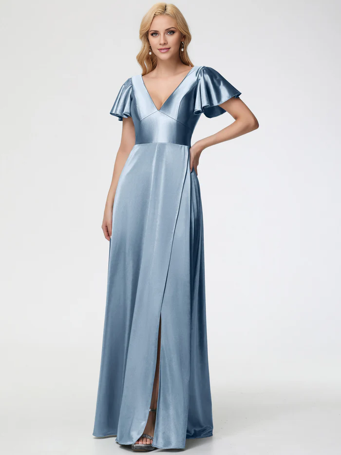 Vestido de fiesta de satén con escote en V profundo y mangas cortas de Jimiss