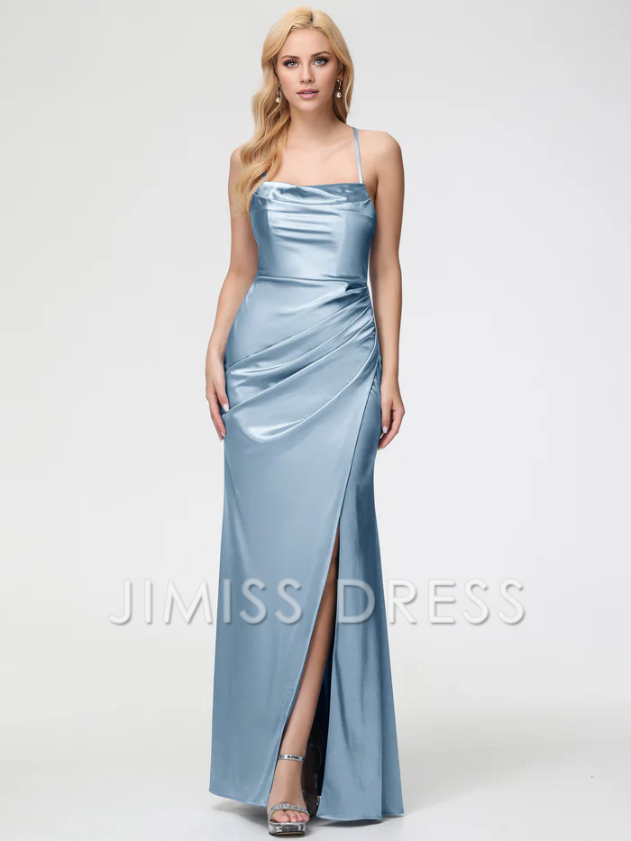Vestido de fiesta de satén con chal sin mangas, tirantes finos y abertura tipo trompeta/sirena de Jimiss