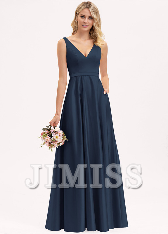Abito da damigella d'onore in raso lungo fino al pavimento, con scollo a V e linea ad A