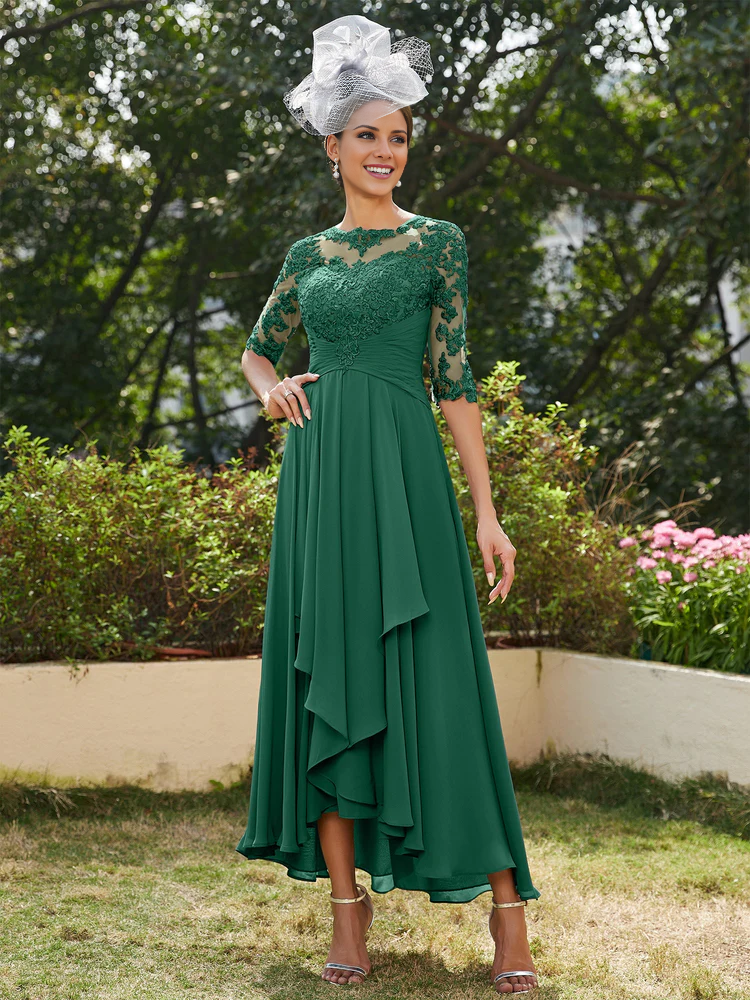 Slate Blue Chiffon A-Line Tea-Length Bridesmaid Dress with Illusion Neck