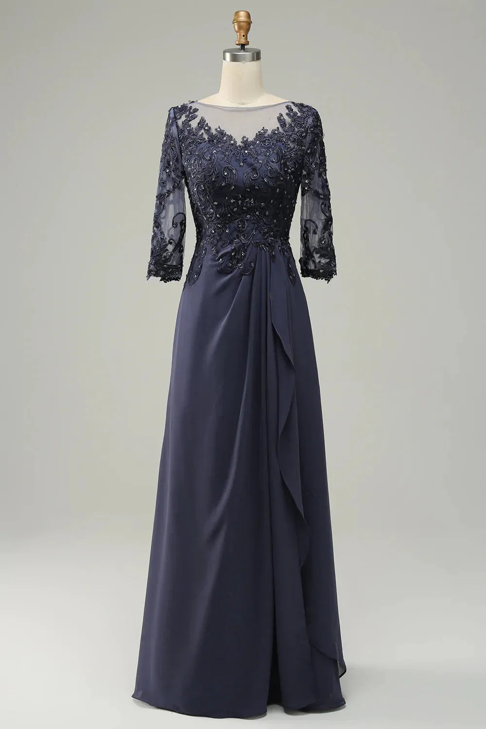 Dark Navy Chiffon A-Line Floor-Length Illusion Neck Lace Bodice Evening Dress