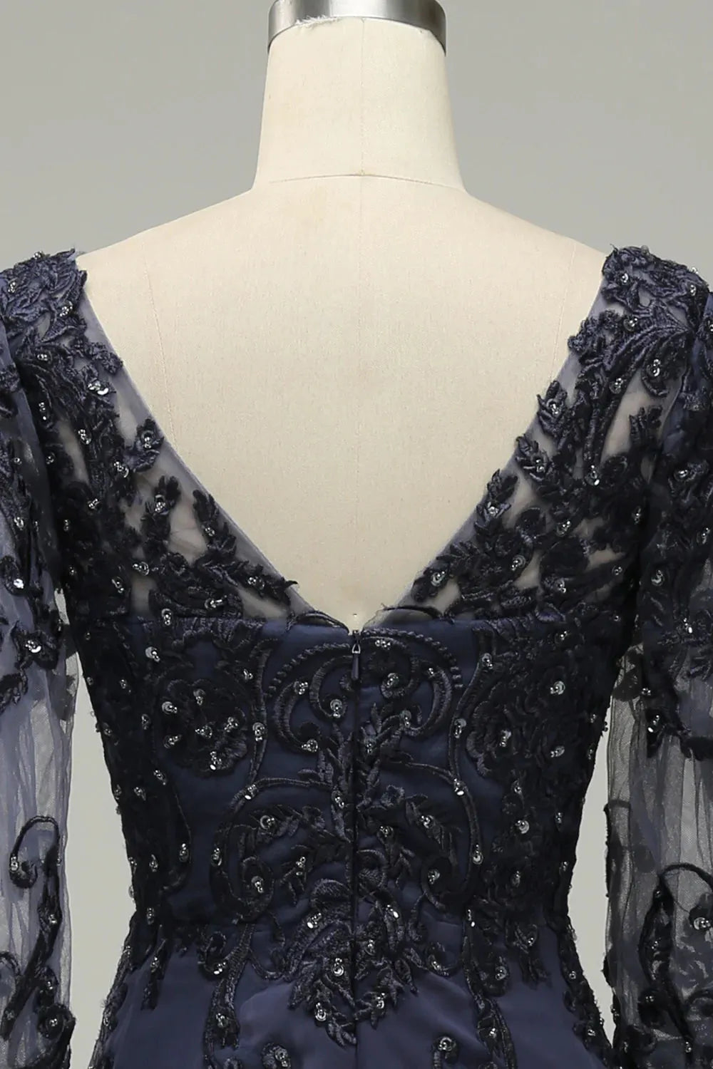 Dark Navy Chiffon A-Line Floor-Length Illusion Neck Lace Bodice Evening Dress