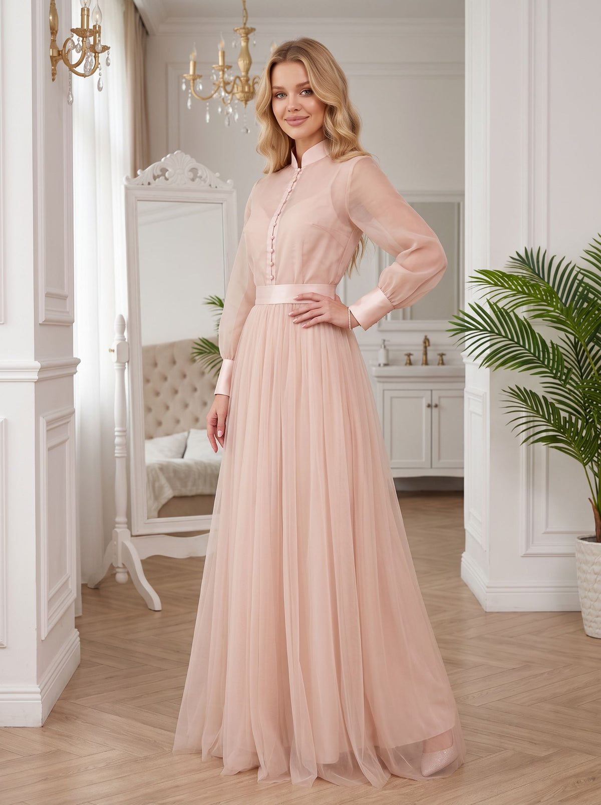 Blushing Pink Chiffon Tulle A-Line Floor-Length Dress with High Neck & Voluminous Sleeves
