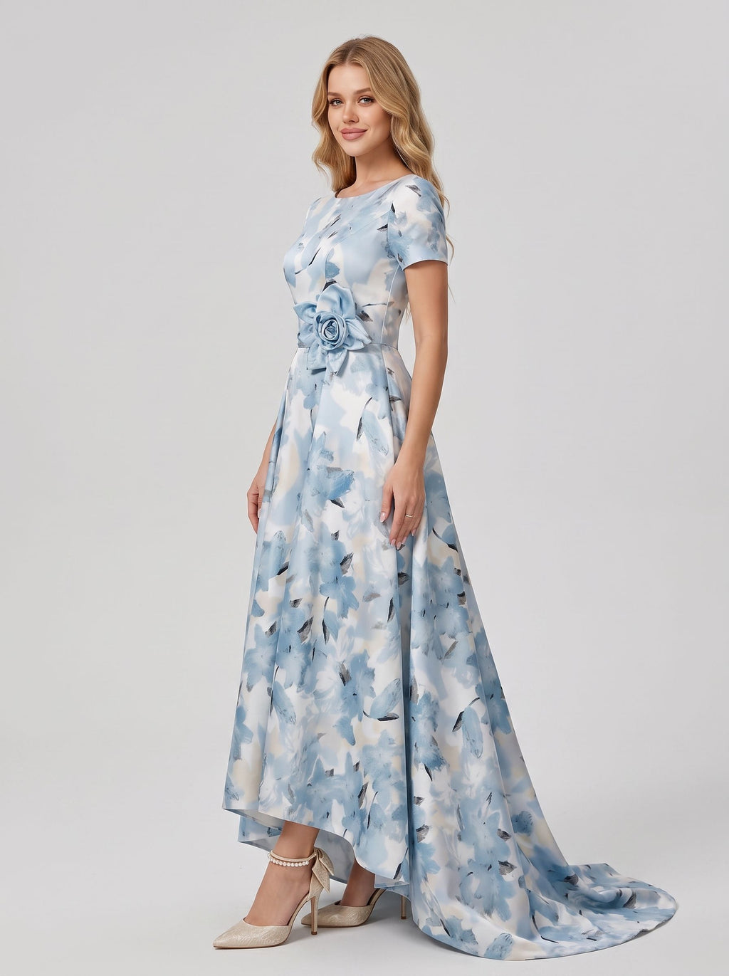 Blue Floral Print Satin A-Line Floor-Length Evening Dress with Fabric Flower Waist