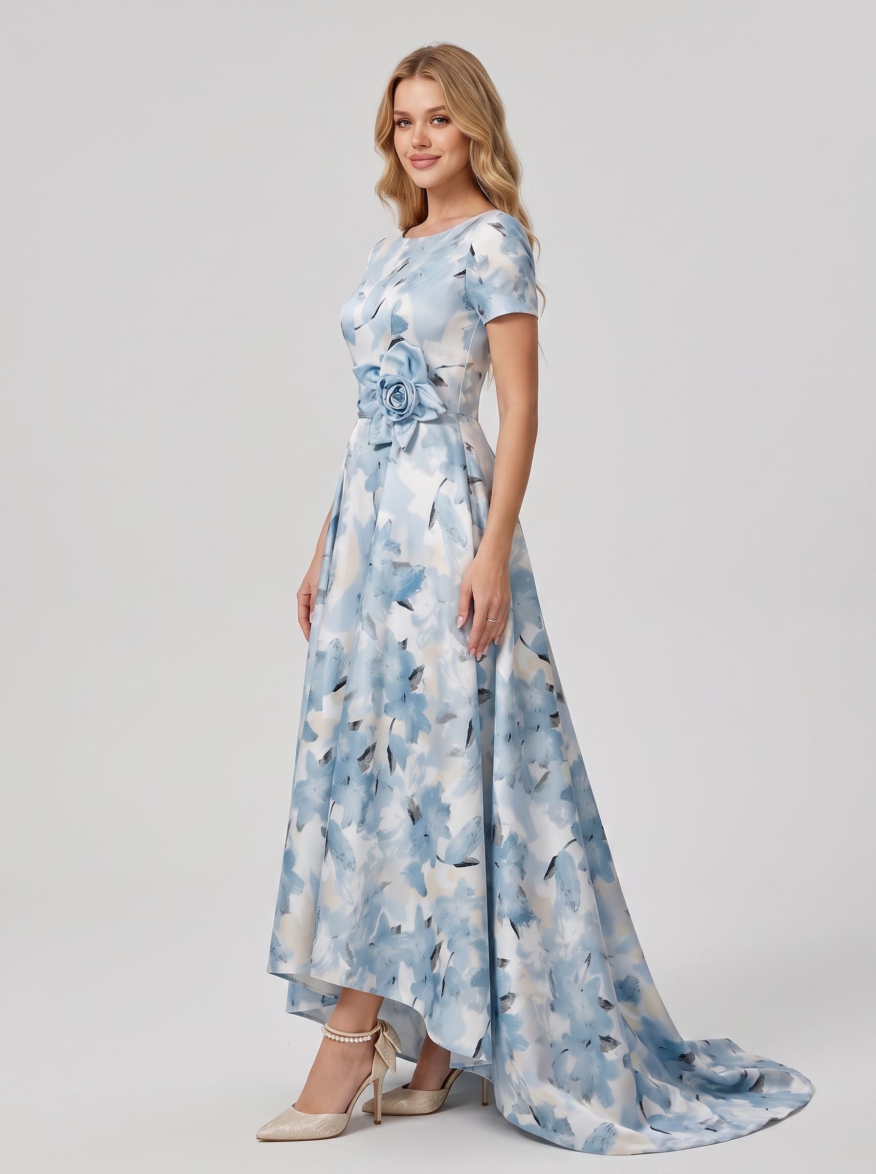 blue flowery dresses Floral Print Satin A-Line Floor-Length Evening Dress with Fabric Flower Waist harry algo Alejandra | Black Maternity Color:Light Peach up back for adjustability
