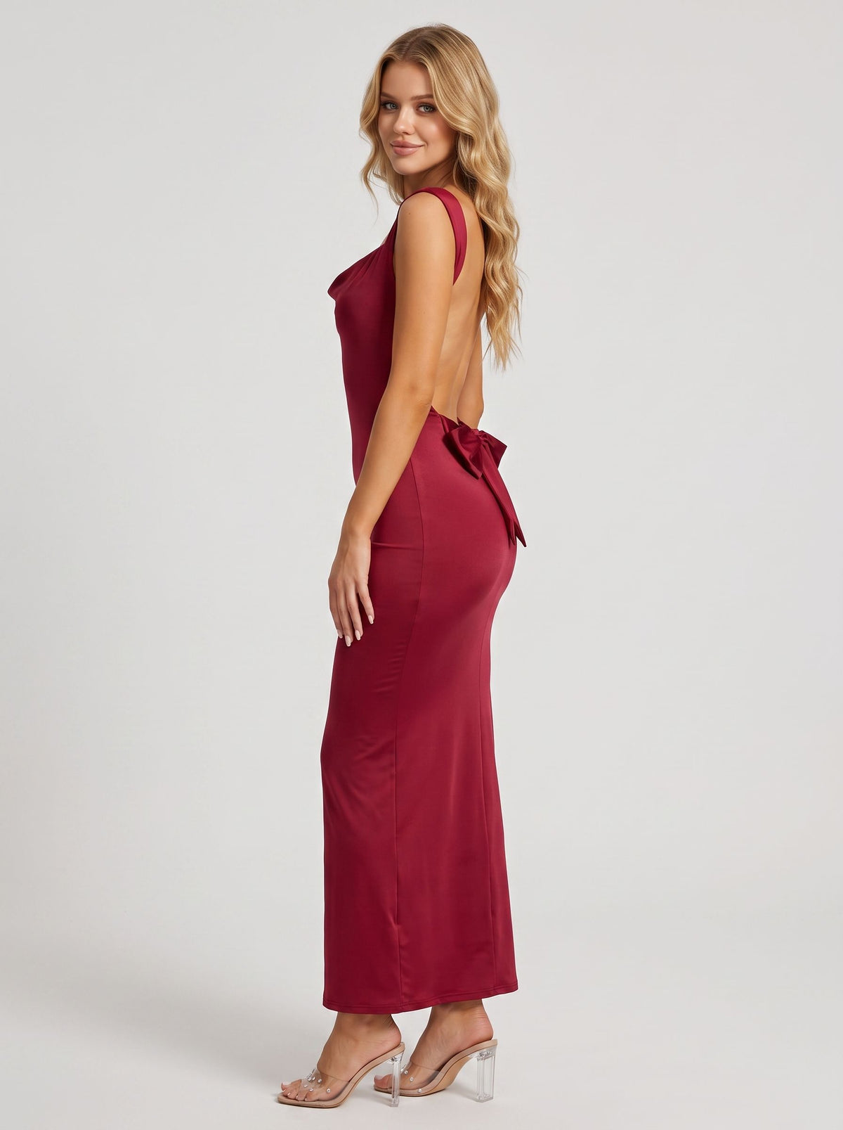 Pink Crepe Sheath/column Floor-Length Evening Dress with Low Open Back & Satin Bow