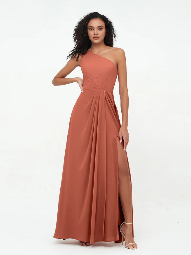 Chiffon One-Shoulder Ruched Bodice High-Slit A-Line Floor-Length Bridesmaid Dresses