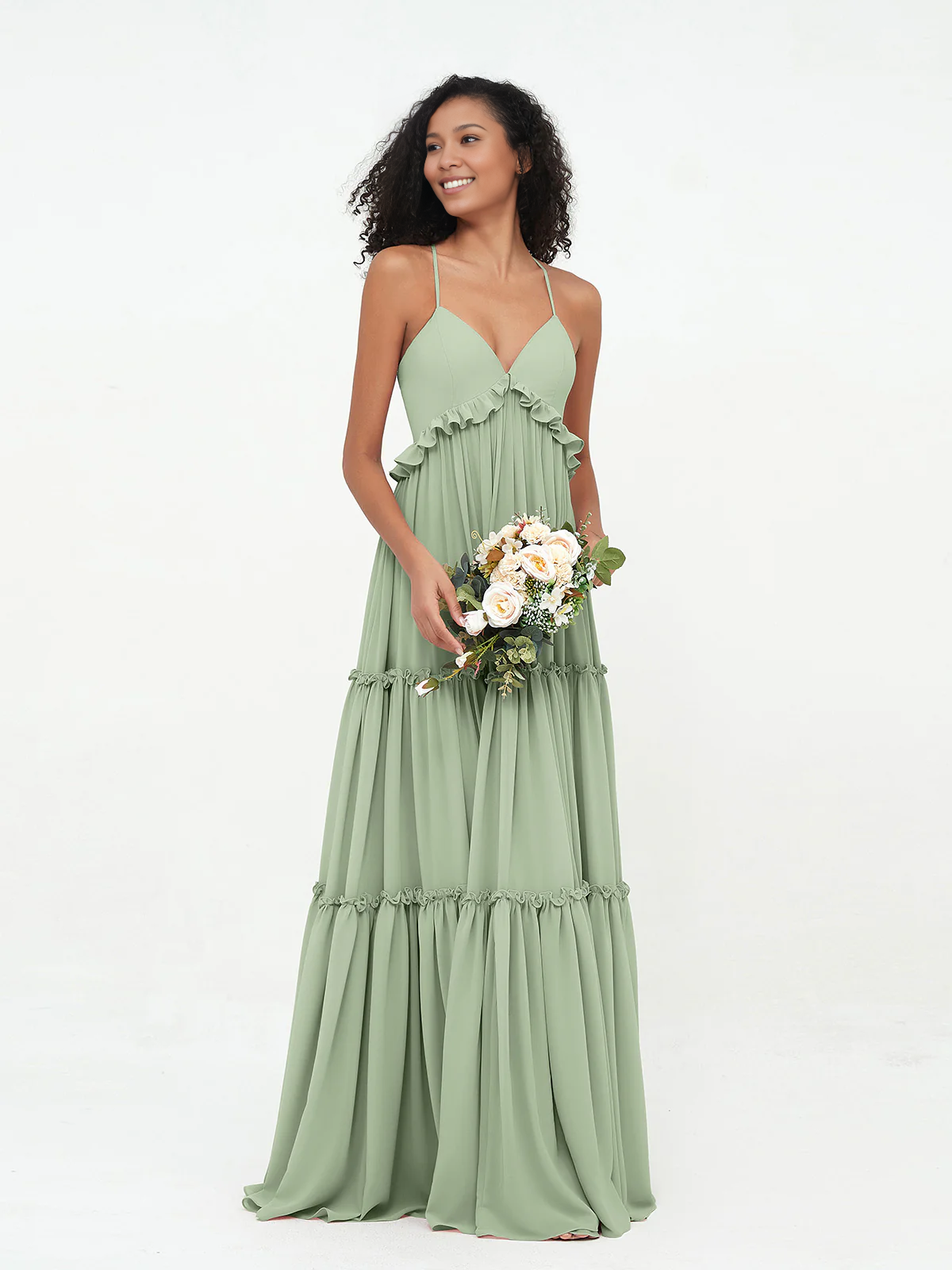 Sage Green Chiffon Tiered Floor-Length Dress with V-Neck and Ruffle Trim