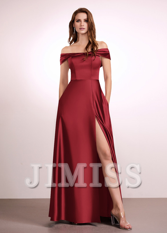 Abito da damigella d'onore in raso, a trapezio, con spalle scoperte e lunghezza al pavimento