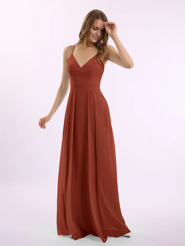Chiffon Spaghetti-Strap Deep V-Neck A-Line Floor-Length Bridesmaid Dresses