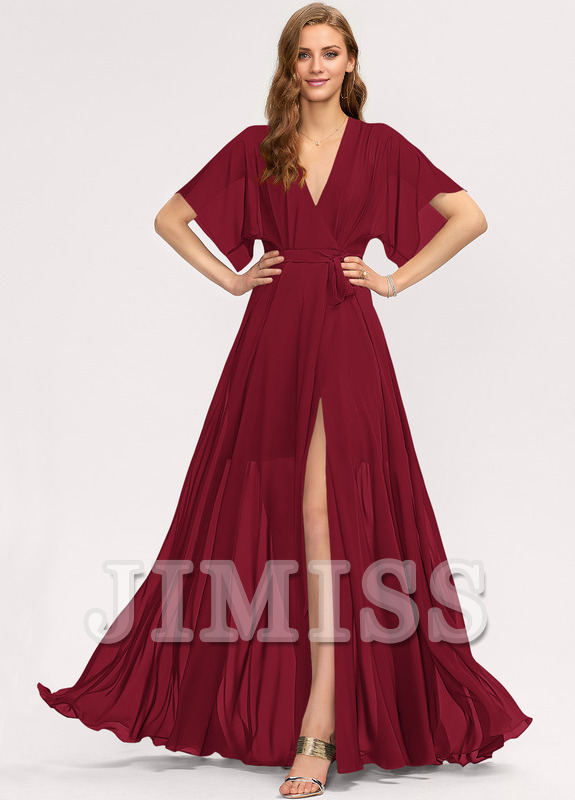 Abito da damigella d'onore in chiffon lungo fino al pavimento, con scollo a V e linea ad A