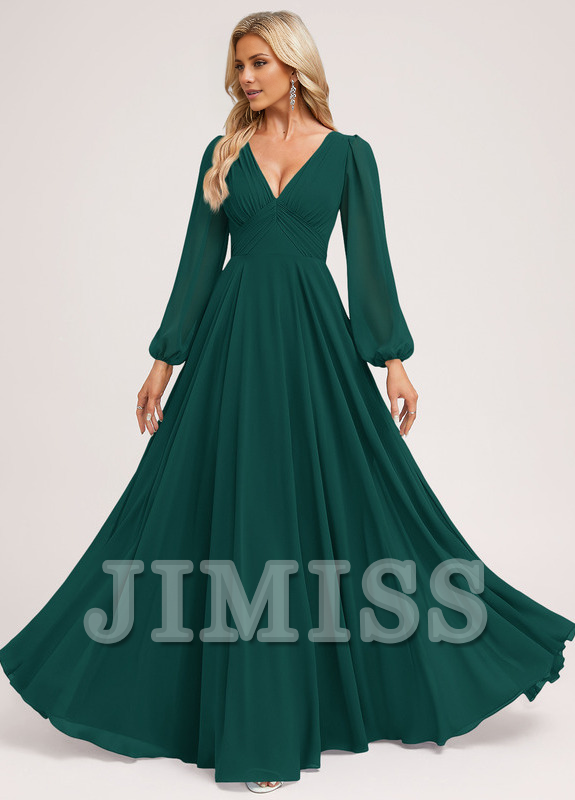 Dark Navy Chiffon A-Line Floor-Length Bridesmaid Dress with V-Neck and Ruched Bodice, Bishop Sleeves