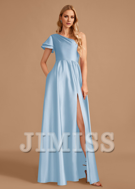 Abito da damigella d'onore in raso, monospalla, lungo fino a terra, a trapezio