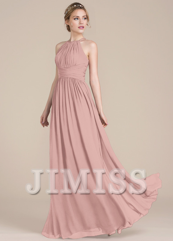 Vestido de dama de honor de gasa con escote redondo y corte A con diseño de hojas de loto