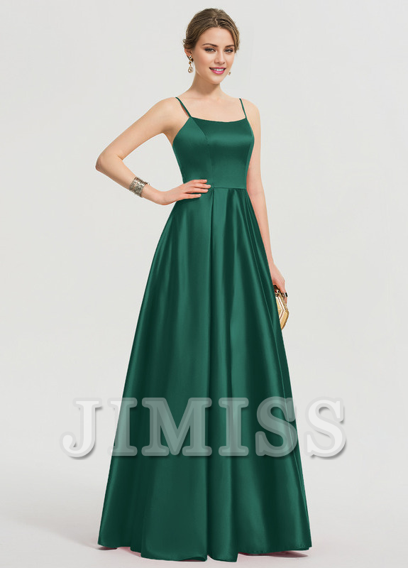 Vestido de fiesta largo hasta el suelo de satén con escote en A y corte cuadrado