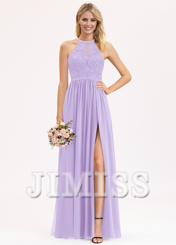 Abito da damigella d'onore in chiffon e pizzo, a trapezio, con scollo a barchetta e lunghezza al pavimento