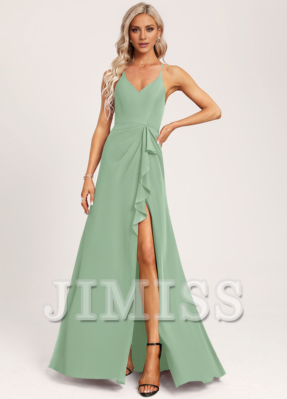 Vestido de dama de honor de gasa con escote en V y corte A