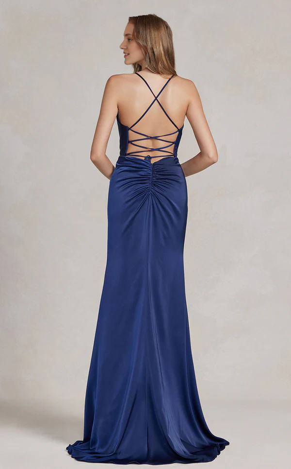 A-line sleeveless thin shoulder strap fitted tight corset slit and floor length Prom dress