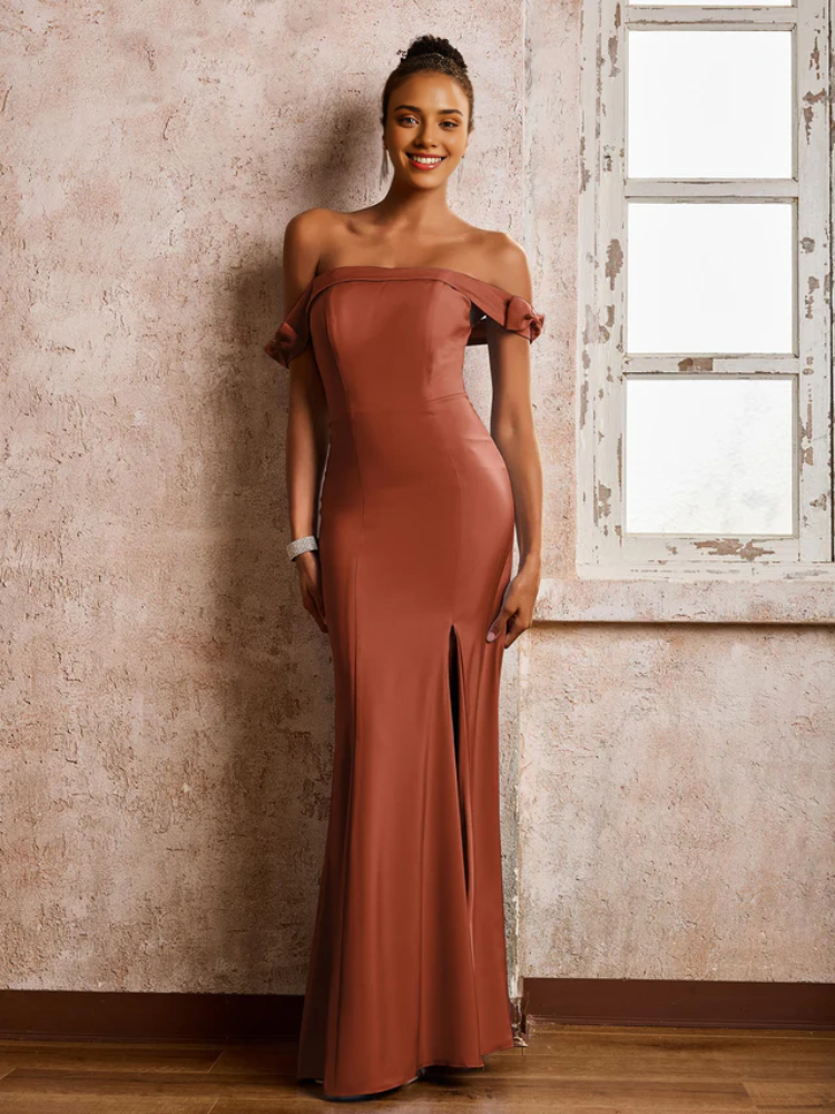 Burgundy Crepe Off-the-Shoulder Mermaid Floor-Length Dress with High Slit