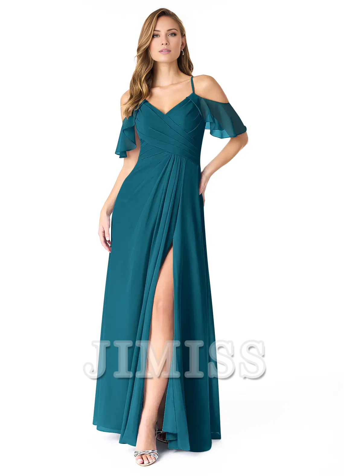 Vestido de dama de honor de gasa plisada con escote en V, corte A, abertura lateral y largo hasta el suelo - Vestido Jimiss 