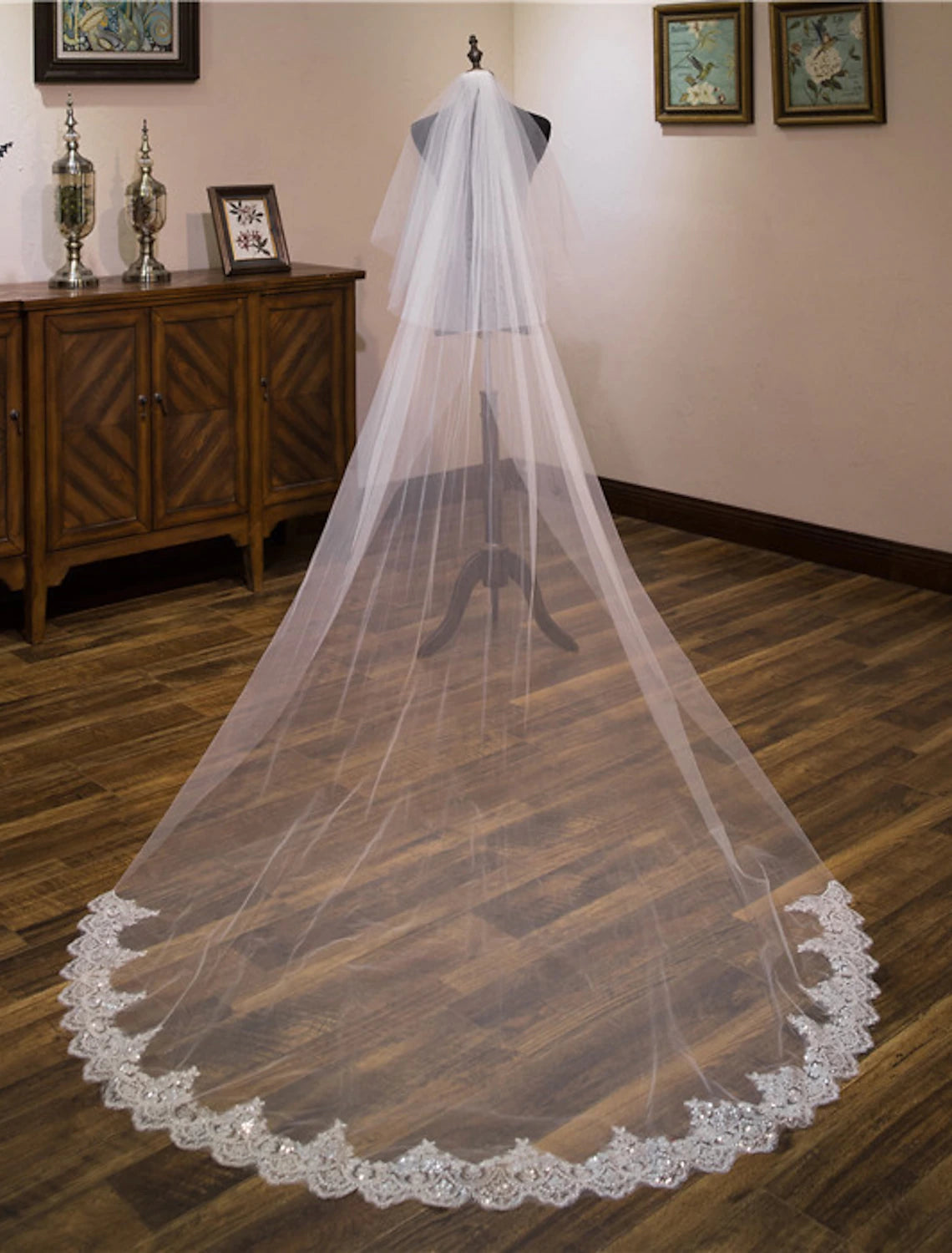 Ivory Tulle Floor-Length Bridesmaid Dress with Lace and Sequin Embellished Hem