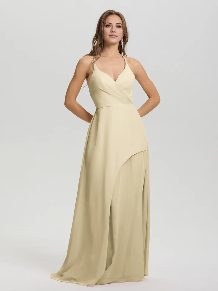 Shoulder strap V-neck backless long chiffon formal and floor length Bridesmaid dresses