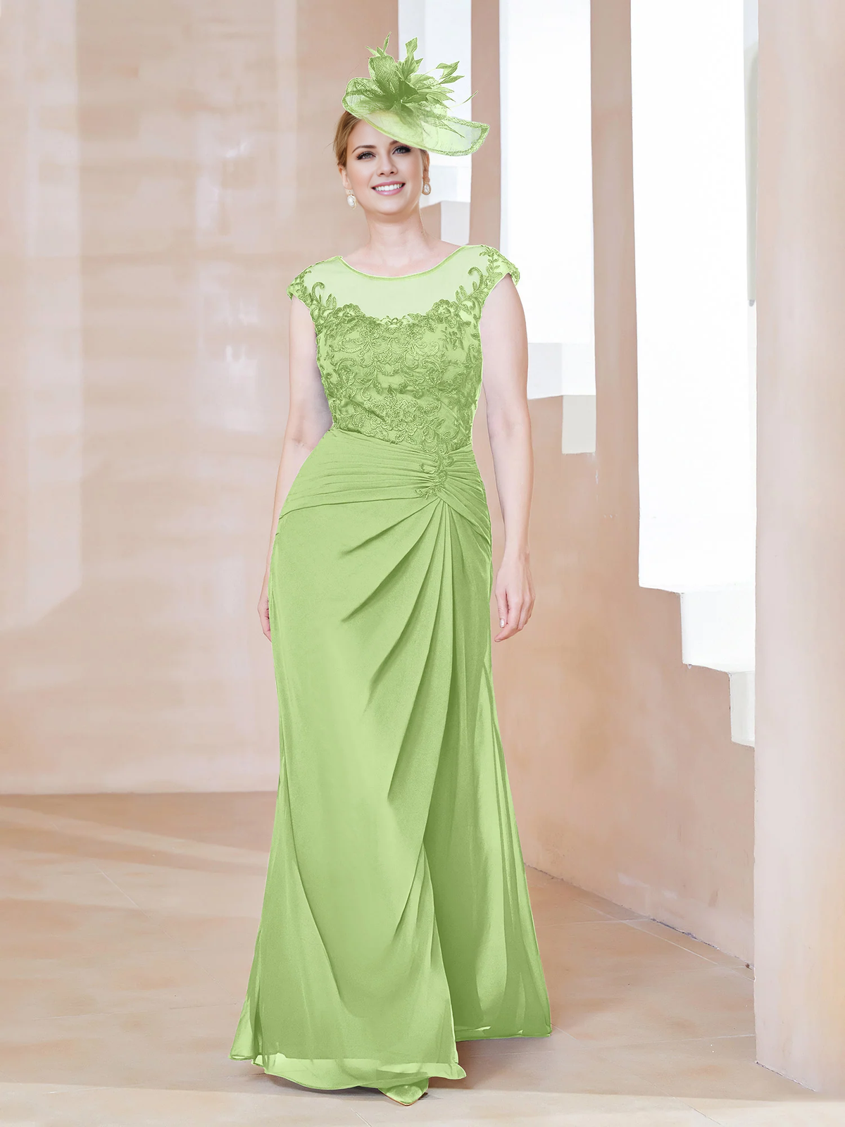 Dark Navy Chiffon A-Line Floor-Length Evening Dress with Illusion Neck and Draped Front