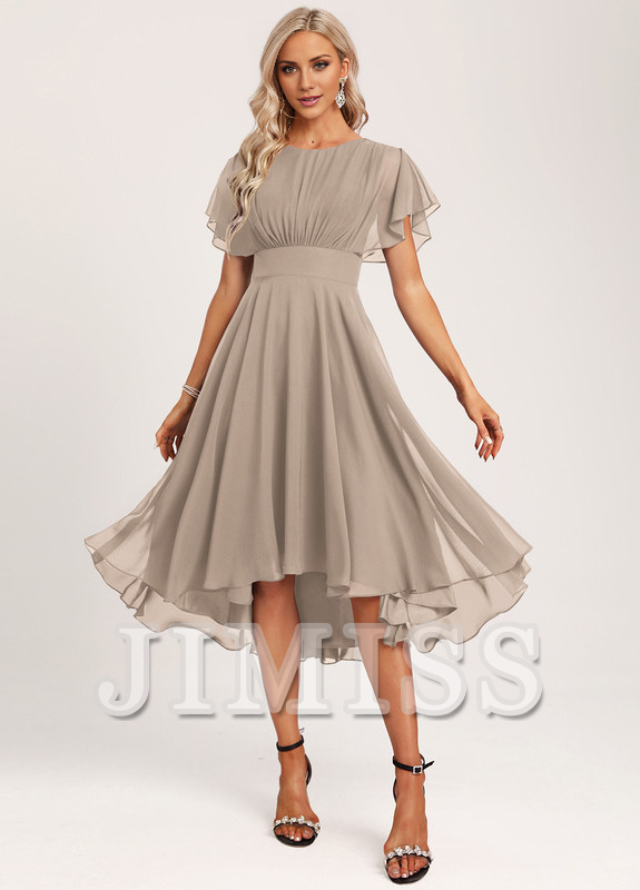 Vestido de dama de honor asimétrico de gasa con volantes, corte A y cuchara