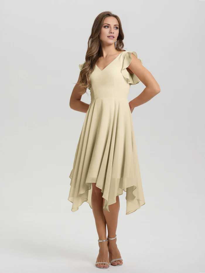 Lotus leaf edge sleeve V-neck asymmetrical tea long chiffon tea long bridesmaid dress