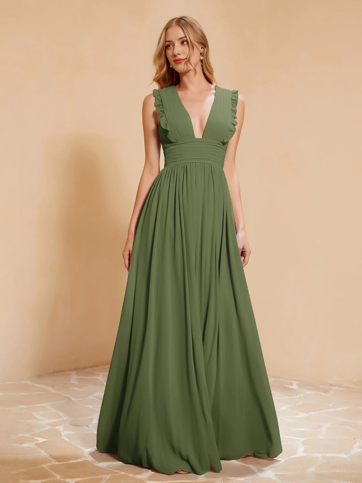 Dusty Rose Chiffon A-Line Floor-Length Dress with V-Neck and Ruched Bodice + Ruffled Straps
