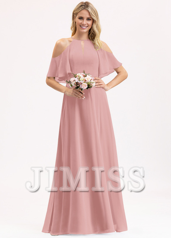 Abito da damigella d'onore in chiffon lungo fino a terra, con scollo a barchetta, spalle scoperte e linea ad A