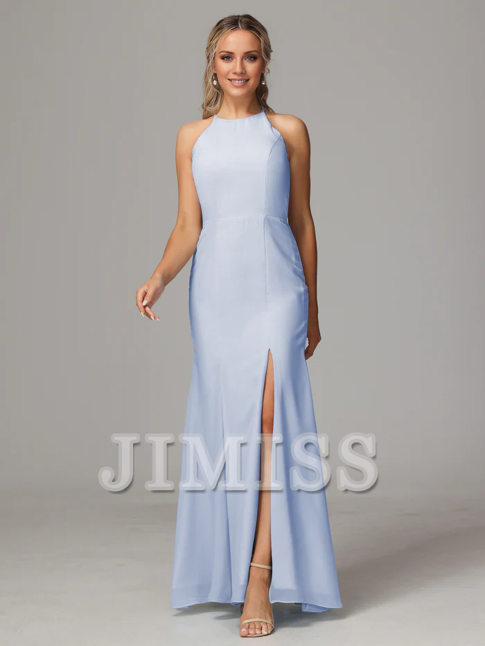 Vestido de dama de honor de gasa con escote colgante, espalda descubierta y abertura lateral