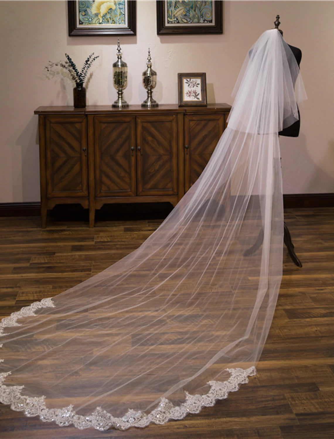 Ivory Tulle Floor-Length Bridesmaid Dress with Lace and Sequin Embellished Hem