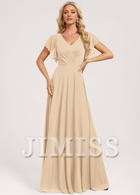 Vestido de dama de honor de malla con volantes, escote en V y corte A hasta el suelo