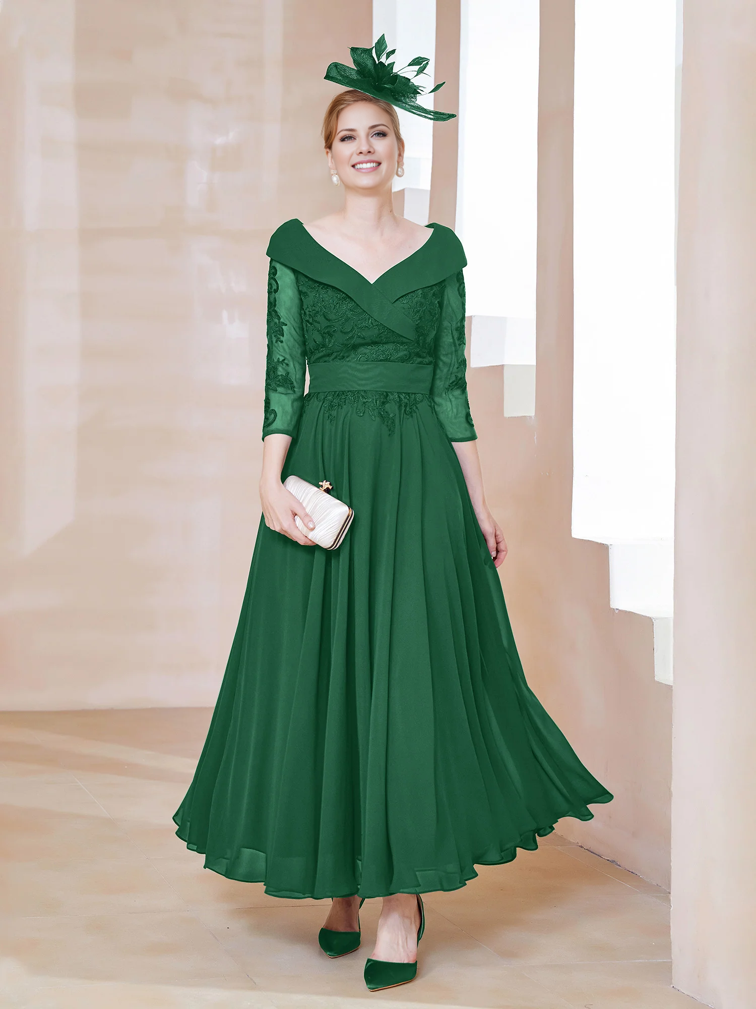 Dark Navy Chiffon A-Line Ankle-Length Off-the-Shoulder Evening Dress