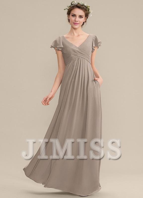 Vestido de dama de honor de gasa con escote en V, volantes escalonados y largo hasta el suelo