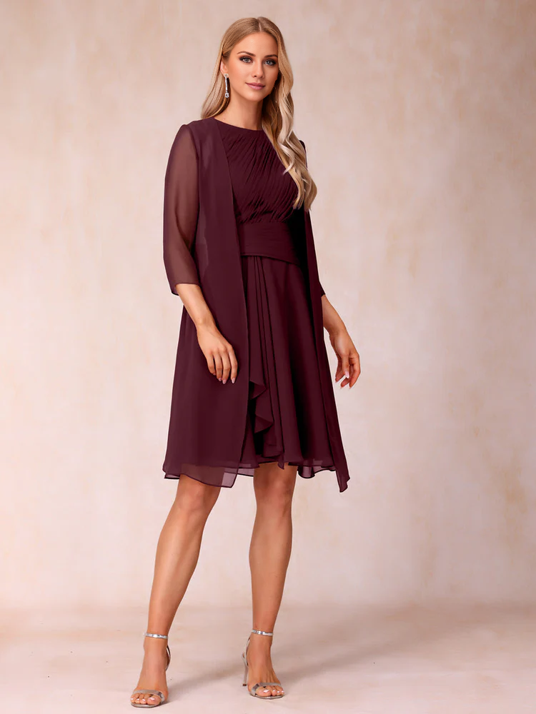 Burgundy Chiffon A-Line Knee-Length Evening Dress with Boat Neck & Matching Jacket