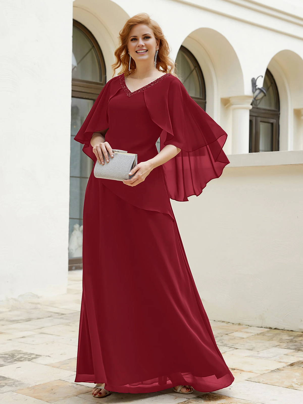 Purple Chiffon A-Line Floor-Length Dress with Beaded V-Neckline