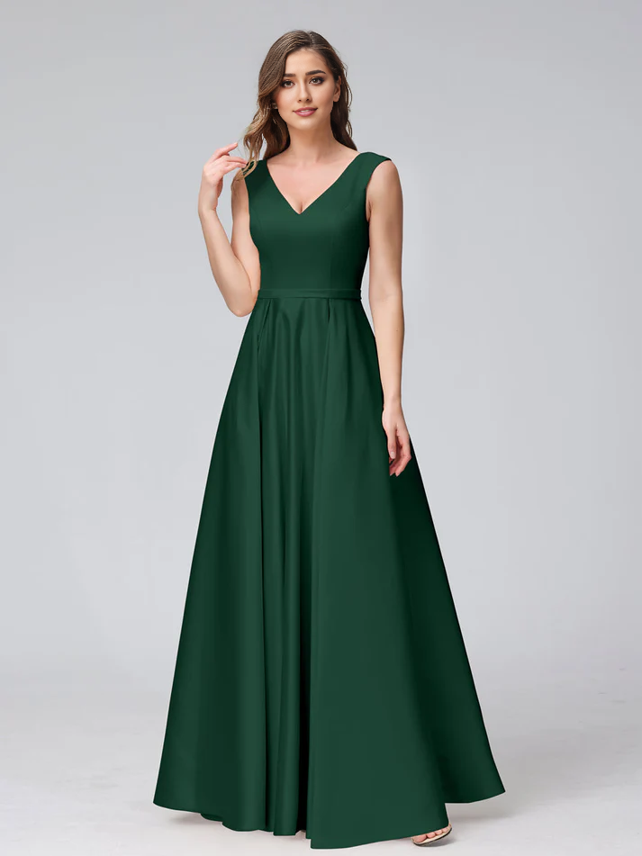 Satin V-Neck Sleeveless A-Line Floor-Length Elegant Bridesmaid Dress