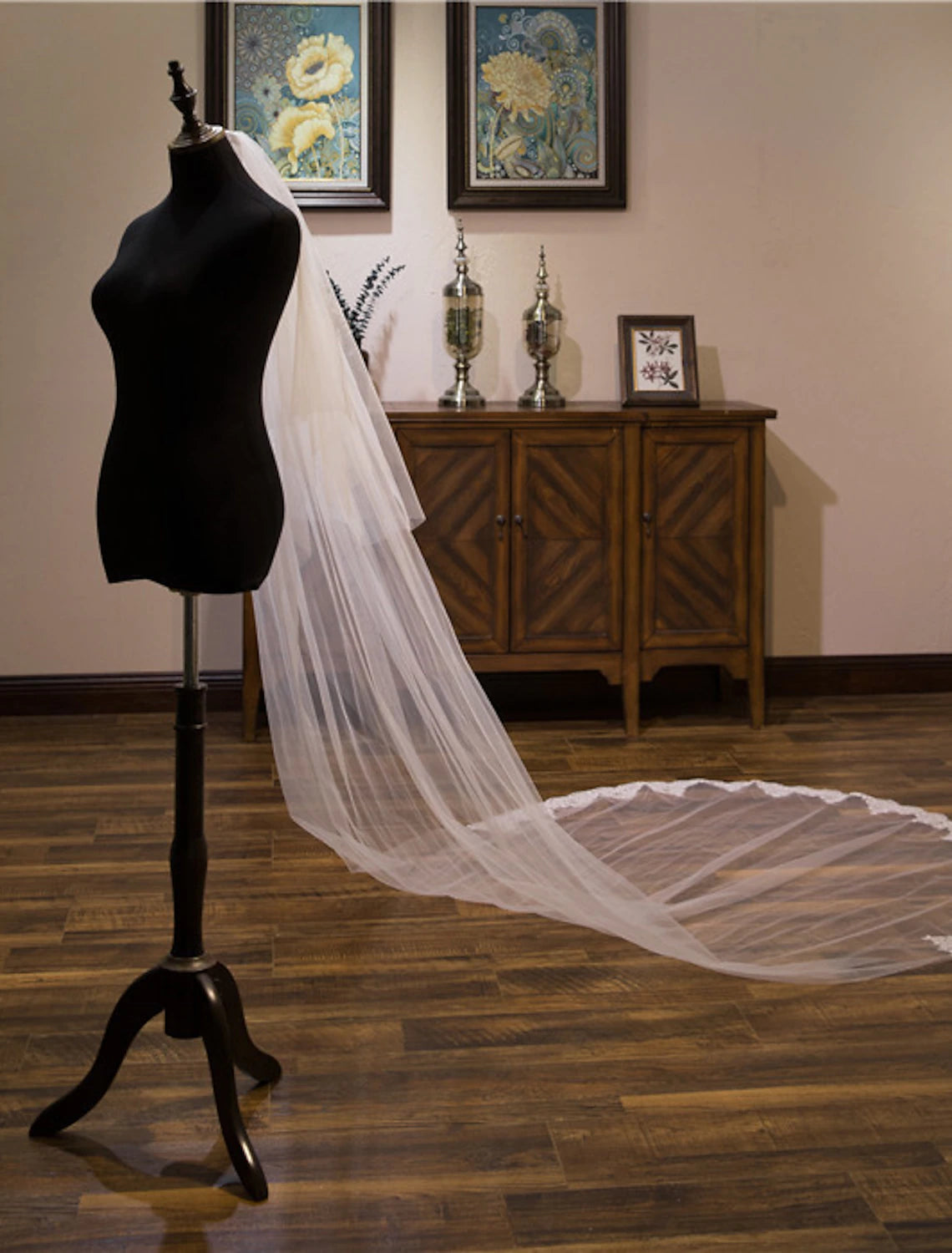 Ivory Tulle Floor-Length Bridesmaid Dress with Lace and Sequin Embellished Hem