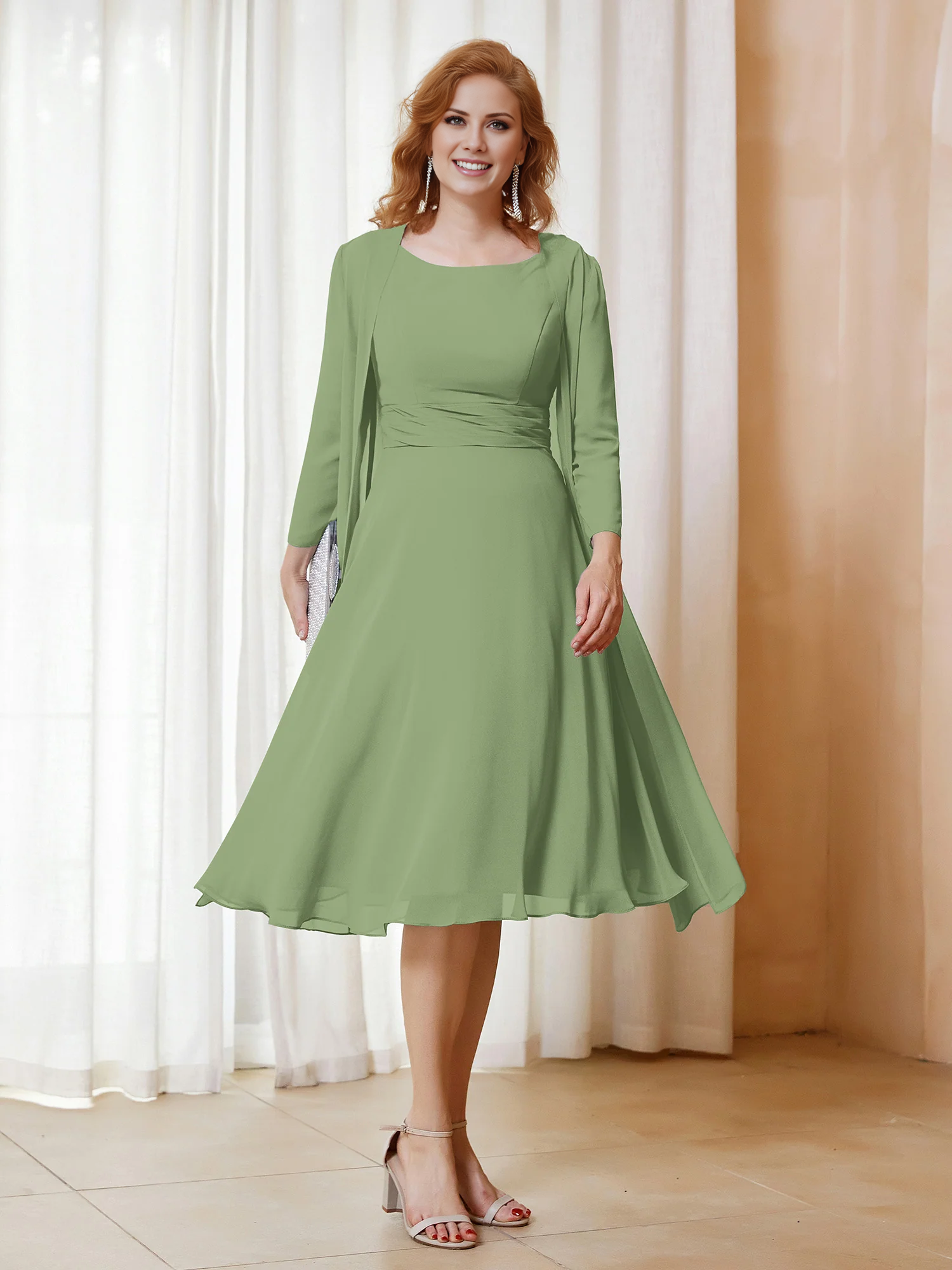 Dusty Blue Chiffon A-Line Tea-Length Evening Gown with Sheer Jacket