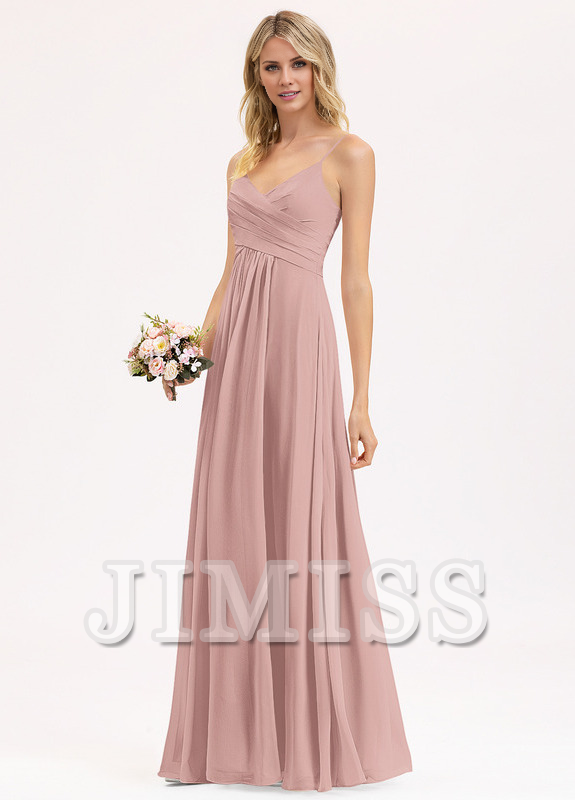 Abito da damigella d'onore in chiffon plissettato, lungo fino al pavimento, con scollo a V e linea ad A